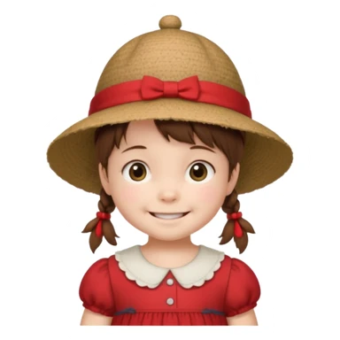 baby girl with brown hair and pigtails with a hat and red dress like My Neighbor Totoro movie sticker