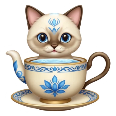 Happy Siamese cat holding an ornate tea cup between its front two paws sticker