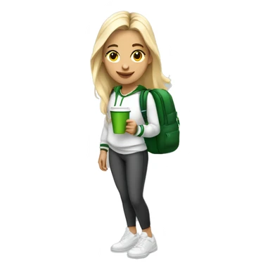 21 year old white blonde trendy athleisure girl with white sweatshirt with a school bag, headphones holding a green coffee sticker