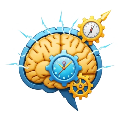 modern minimalistic emoji-style icon showing a brain with a gear overlay and a stopwatch hand or lightning bolt accent, representing quick smart inspiring digital meetings about AI and productivity tools, clean colorful expressive emoji logo sticker