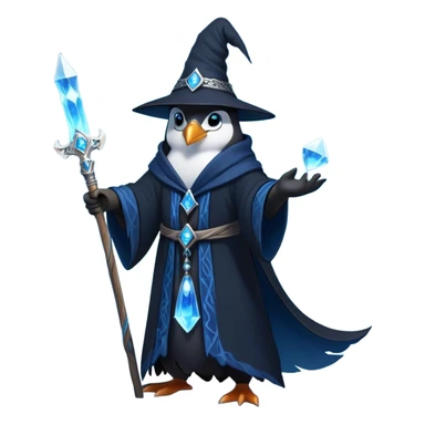 A mysterious penguin mage with sleek midnight-blue feathers, wearing a flowing black robe adorned with silver runes. A tall, pointed wizard hat sits slightly tilted on his head, the brim casting a shadow over his glowing icy-blue eyes. His flipper clutches an ancient wooden staff topped with a swirling crystal, radiating a soft, cold light. Snowflakes drift around him as he stands on a frozen cliff, his aura crackling with arcane energy, ready to summon a blizzard with a flick of his staff. sticker