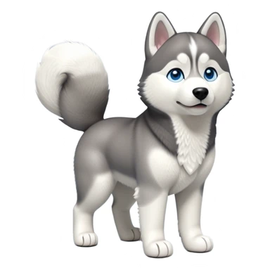 cinematic-[siberian husky]-realistic-full-body-standing-emoji,-tail-resting-loosely-beside-its-paws,blue eyes-head-tilted-dramatically, -fluffy-[grey and white]-fur,-simplified-yet-realistic-focused-features,-highly-detailed,-glowing-with-an-almost-sarcastic-glow sticker