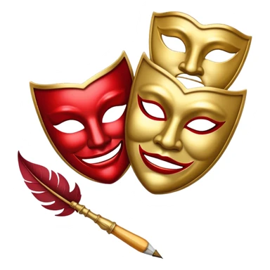 Create a bold and dramatic emoji representing the art of playwriting. The design should feature an open script or a theater playbook, with stylized text inside. Include elements like a theatrical comedy and tragedy masks, a stage spotlight, or a writting quill to symbolize creativity and performance. Use deep, contrasting colors like red, black, and gold to evoke the intensity and passion of drama. The overall design should feel dramatic, inspiring, and artistic. Make the background transparent. sticker