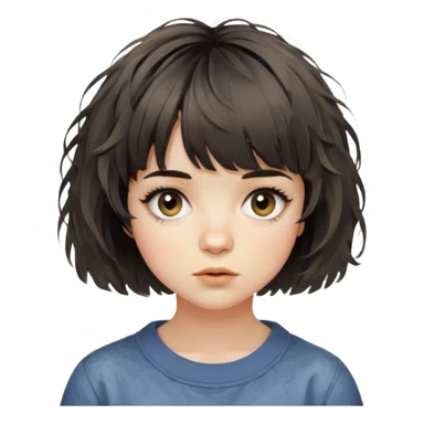 woman with short french bob haircut tousled textured messy wavy hair short straight-across blunt baby bangs very messy hair sticker