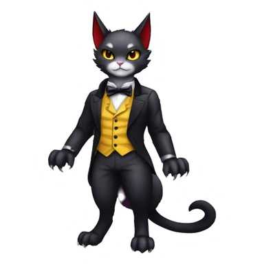 Cute-Evil-Vampiric-Batty-Cat-Black-Purple-Red-Grey-White-Yellow-Contrast-Colors-Fantasy-Fur-Sona-Chibi-Shiny-Fakémon-Hybrid with horns and big fangs neck bow tie leg spats full body sticker