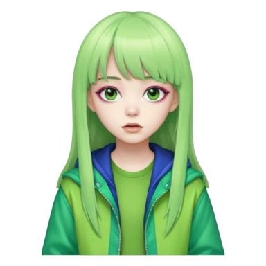  portrait-of-a-green alien-k-pop-idol,-wearing-a-stylish-streetwear-outfit-with-layered-colorful-clothing,-long-hair-with-bangs,-makeup,- sticker