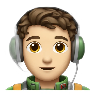 A young white male tennager with dark brown hair and brown eyes in a pilot suit and wearing a green Pilot headset sticker