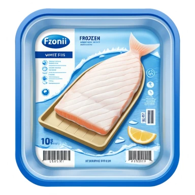 A vacuum-sealed plastic tray containing frozen white fish fillets, covered with thin layers of frost. The packaging has a clear window showing the fish, and a blue label with product details and a barcode. Realistic supermarket freezer setting with cold mist and LED lighting. sticker
