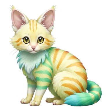  cute adorable yellow-green-turquoise-gradients albino fur with random colorful iridescent rainbow markings beautiful elegant pretty precious cute  Fakémon-Pokémon-opossum-feline-serval-caracal-chinchilla-Minccino-hybrid-creature with a big fluffy bushy striped tail (full body) sticker