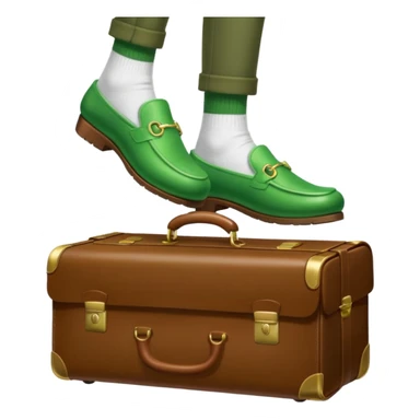 Feet with white socks wearing green slippers standing on a briefcase sticker
