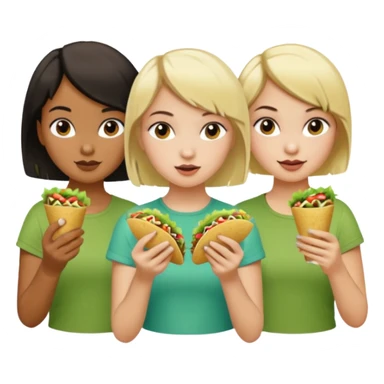 3 girls eating tacos. One white girl with a short dark bob haircut, one dark olive skin with a pony tail, one white with long blonde hair sticker