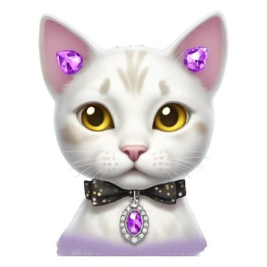 White cat with brown and black spots with yellowish greenish eyes and white whiskers with a sparkly rhinestone purple necklace collar thing with a bow on her ear sticker