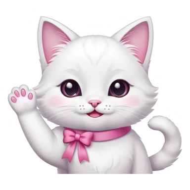 A cute white cat is sitting, waving its paw and smiling. She has a beautiful pink bow around her neck sticker