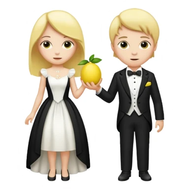 2 lemons a girl and a boy lemon the girl lemon with a white dress similar to a wedding dress but not that fancy and the boy lemon wearing a tuxedo but instead of a bowtie make it a regular tie with black and white colors also they have to be facing each other  sticker