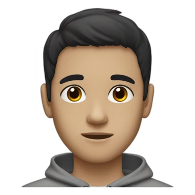 Boy with straight black hair, medium black eyes with a gray sweatshirt, with a thin face and semi-dark white skin sticker