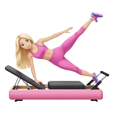  long blown out blonde hair woman blue eyes wearing pink workout set doing pilates reformer sticker