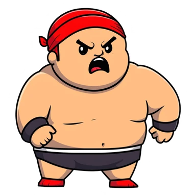 Extreme close-up of face of morbidly obese white skin guy with young face, prominent BLACK DURAG tied clearly on head, black beard but no mustache, clean shaven upper lip, black eyes in a red and black wrestling singlet with angry expression sticker