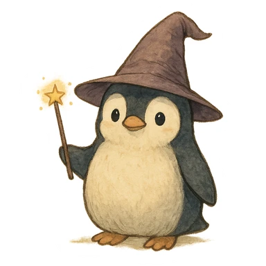 a cute penguin wizard with a pointy hat and a magic wand, ghibli style sticker