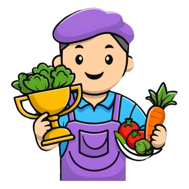 Happy gardener with trophy and prize vegetables sticker