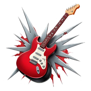 Create a fierce and edgy emoji representing hardcore rock vocal performance in a humanless collage. The design should feature a vintage microphone at the center, surrounded by a menacing, distorted electric guitar with sharp, aggressive angles. Add crossed drumsticks behind the microphone to symbolize the rhythm and power of the drums. Include subtle elements like lightning bolts, flames, or jagged sound waves to evoke the raw energy and intensity of hardcore rock. Use dark, intense colors like black, red, and silver, with a metallic, gritty finish to convey the rebellious, aggressive spirit of the genre. The background should be transparent. sticker