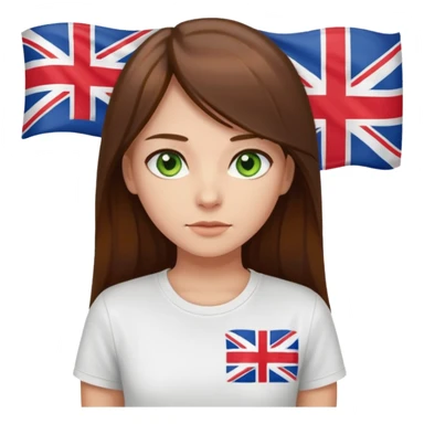 Una chica con pelo liso, largo y marrón. Ojos verdes, camiseta blanca con una bandera de Reino Unido. sticker