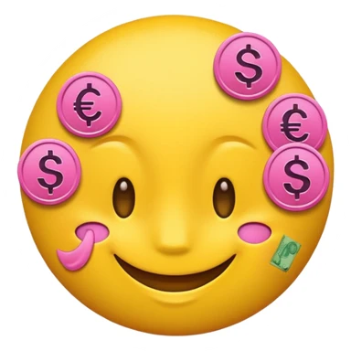 smiling yellow round emoji with pink money signs as eyes, winking sticker