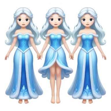 An ice Snow Maiden character with two arms and two legs, full body, front view, back view, side view, three-quarter view, consistent character design, translucent ice material, winter fairy tale style. sticker