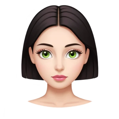Front-facing portrait of a young woman with fair glowing skin, symmetrical features, light green almond-shaped eyes, long lashes, soft arched brows, straight refined nose, and full natural pink lips. Dark sleek hair pulled back with a middle part.  sticker