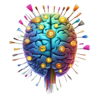 "Glowing brain with orbiting paintbrushes, radiating colorful sparkles, circuit patterns inside sticker