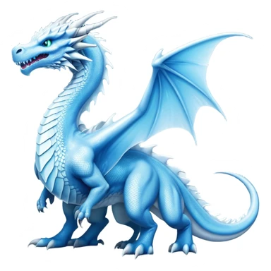 Cinematic Noble beautiful  Ice Dragon full body Emoji, Poised and imposing, distinct long elegant snout, with a slender, scaled body shimmering in glacial hues of icy blue, frostbitten silver, and crystalline white, breathing out frost, with piercing, glowing eyes that radiate the chilling depths of an arctic storm; rendered in detail. displaying its wings sticker