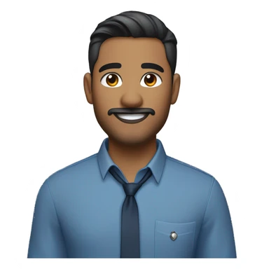 navajo  emoji of a man with short dark hair, clean-shaven, goatee and mustache.  wearing a formal button-up DARK blue shirt,  smiling  with a smartwatch on his wrist. and wearing small silver chain necklace  resemble professional attire. smaller eyes  sticker