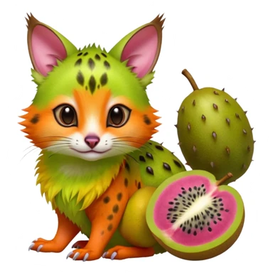 Hyper realistic  tropical-fruit-splash-colored fur of kiwi-green-lime-green-gradients, papaya-orange, and dragonfruit-pink chaos beautiful elegant pretty precious cute  Fakémon-Pokémon-opossum-feline-serval-caracal-chinchilla-Furret-Minccino-hybrid-creature with a big fluffy bushy tail (full body) sticker
