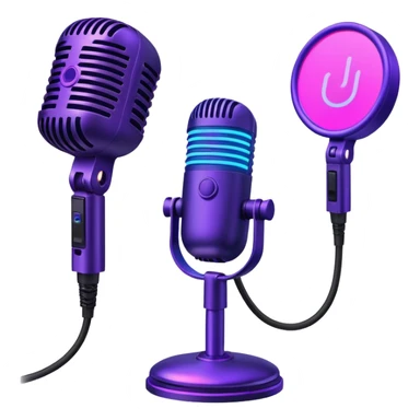 desktop studio microphone with neon glow effect, blue and purple neon glow on top left, pink neon glow on bottom right sticker