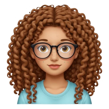 make a really curly hair, teen girl with glasses and little acne that looks like freckles longer like more than shoulder lengthcurly hair, and pretty withe makeup on giving clean girl vibes, and make her have tan skin more blush and really pretty, and the har is really really long

 sticker