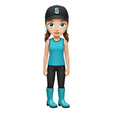 A landscaper in a beautiful turquoise longsleve and turquoise rubber boots, black pants, and a black sleeveless shirt. On her head is a black color Swissotel baseball cap. The girl is a brunette with blue eyes. sticker