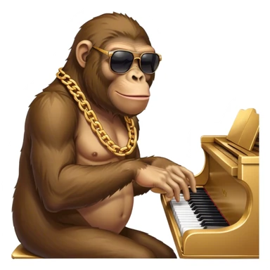 ape with big golden chain on the neck wearing sunglasses plays piano full height sticker