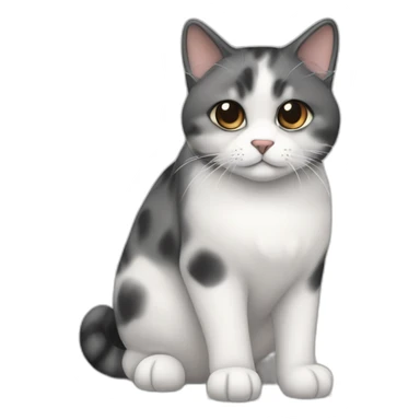 senior chubby diluted calico cat, white chin, black nose, grey ears, grey and white sticker