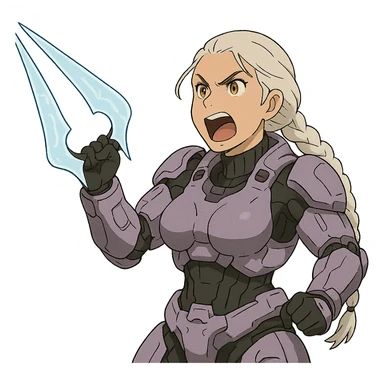female, wearing reach spartan armor default, long white braid hair, gold yellow eyes, attention pose, HALO:series, no helmet, the armor is lavender color scheme, shoulder pad off. DDD bust size fitting. Punk gothic cyberpunk, brandishing a covenant energy sword, preparing to swing and yelling sticker