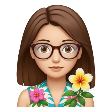 Hawaii female with fair skin. Shoulder length straight brown hair. Brown eyes with glasses. Hawaiian Flower in hair sticker
