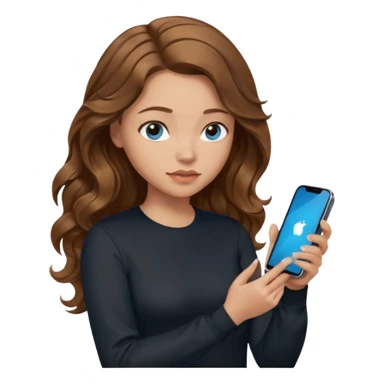 generate a pretty woman with blue eyes, light skin and medium brown long wavyshiny hair holding a phone she is looking at the phone while looking down at the screen. she is wearing an ALL black long sleeve sticker