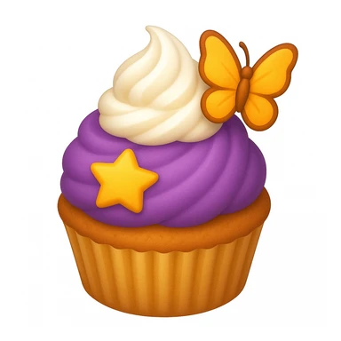 Add a swirl of whipped cream and a butterfly decoration to the cupcake with purple frosting and a star-shaped candy in emoji style. sticker