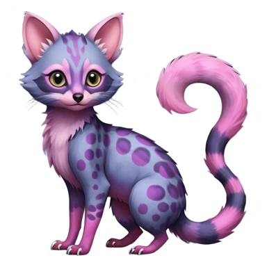 Deep dark pastel bright whitish pale indigo-purple-Violet-pink-gradients with darker points Asian painted anime-styled big-eyed shiny glorious divine marked exotic cool beautiful realistic Lykoi-civet-genet-sergal-ocicat-oncilla-animal-Fakémon-hybrid-fursona (full body) sticker