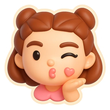 Create a vinyl figure style sticker of the girl from the reference image, blowing a kiss and winking, playful and sweet. sticker