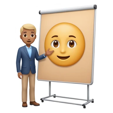 A clean emoji-style illustration of a person giving a presentation, standing next to a large presentation board on a stand, the board is oversized and clearly visible, no podium, no desk, no table, friendly proportions, soft 3D emoji style sticker