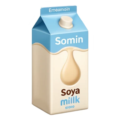 soy milk carton or bottle, white or beige, minimal modern design, neutral cap or spout, small soy bean or leaf illustration, no branding or text, smooth creamy liquid, no glass, cereal, background, or faces, clean 3D, soft shadows, transparent background, emoji scale sticker