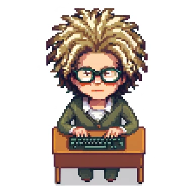 crazy programmer, wild hair, glasses, typing frantically, pixel art style sticker