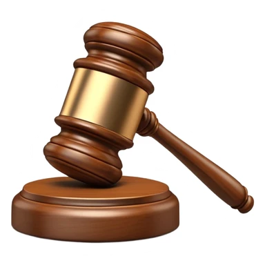 An emoji representing justice and penalty. A wooden judge's gavel striking a sound block, symbolizing a legal decision or punishment. The design is simple, 3D, and slightly glossy, resembling official court decisions sticker
