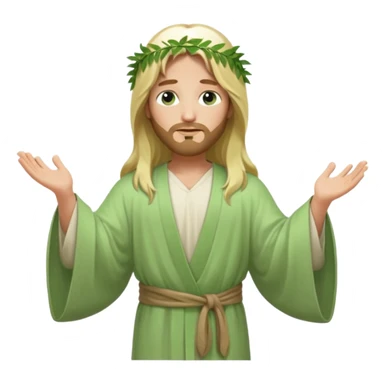 Jesus, green eyes, long blonde hair, light green wide, flowing outer robe. opening arms, gazing thoughtfully. Soft light, subtle fern. Waist-up, profile. sticker