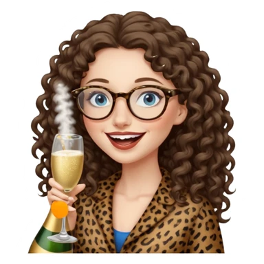 a blue eyed woman with very long brunette curly hair, full lips,and really pale skin. She is wearing a leopard printed thin round-ish glasses . She is wearing fully brown clothes. She is celebration sth with a bottle of champagne and laughing sticker