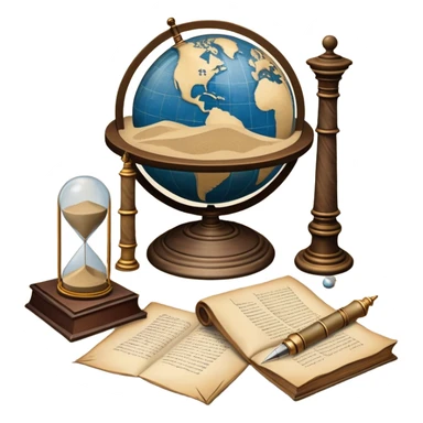 An icon featuring ancient scrolls, a quill pen, and large, old-fashioned sand clocks, symbolizing the study of history. The design includes a globe and a timeline with significant historical events, set against ruins to evoke past civilizations. Transparent background highlights the passage of time. sticker